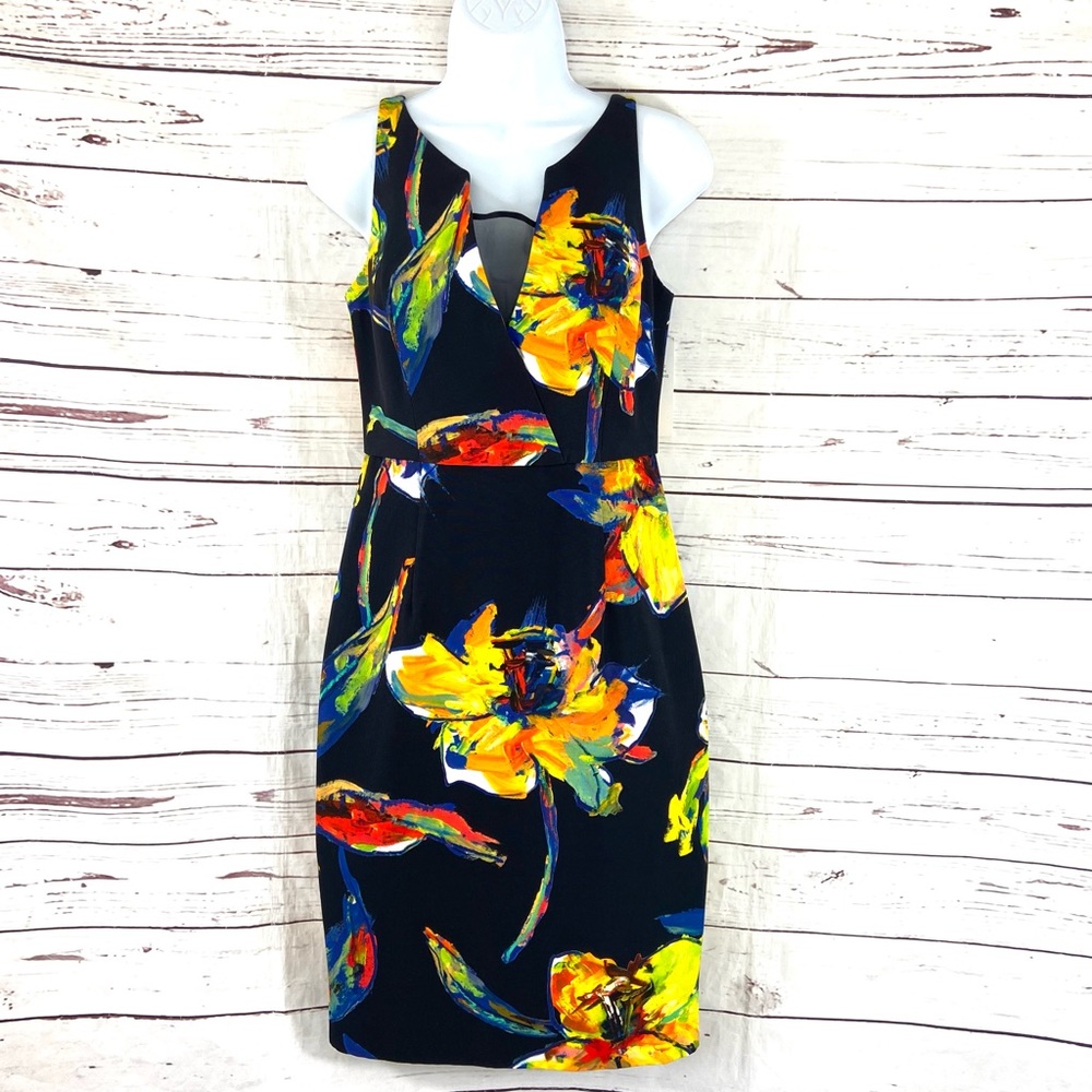 Milly Ella Dress Women’s 4 Black Yellow Sheath V-Neck Pop Art Floral Sleeveless.